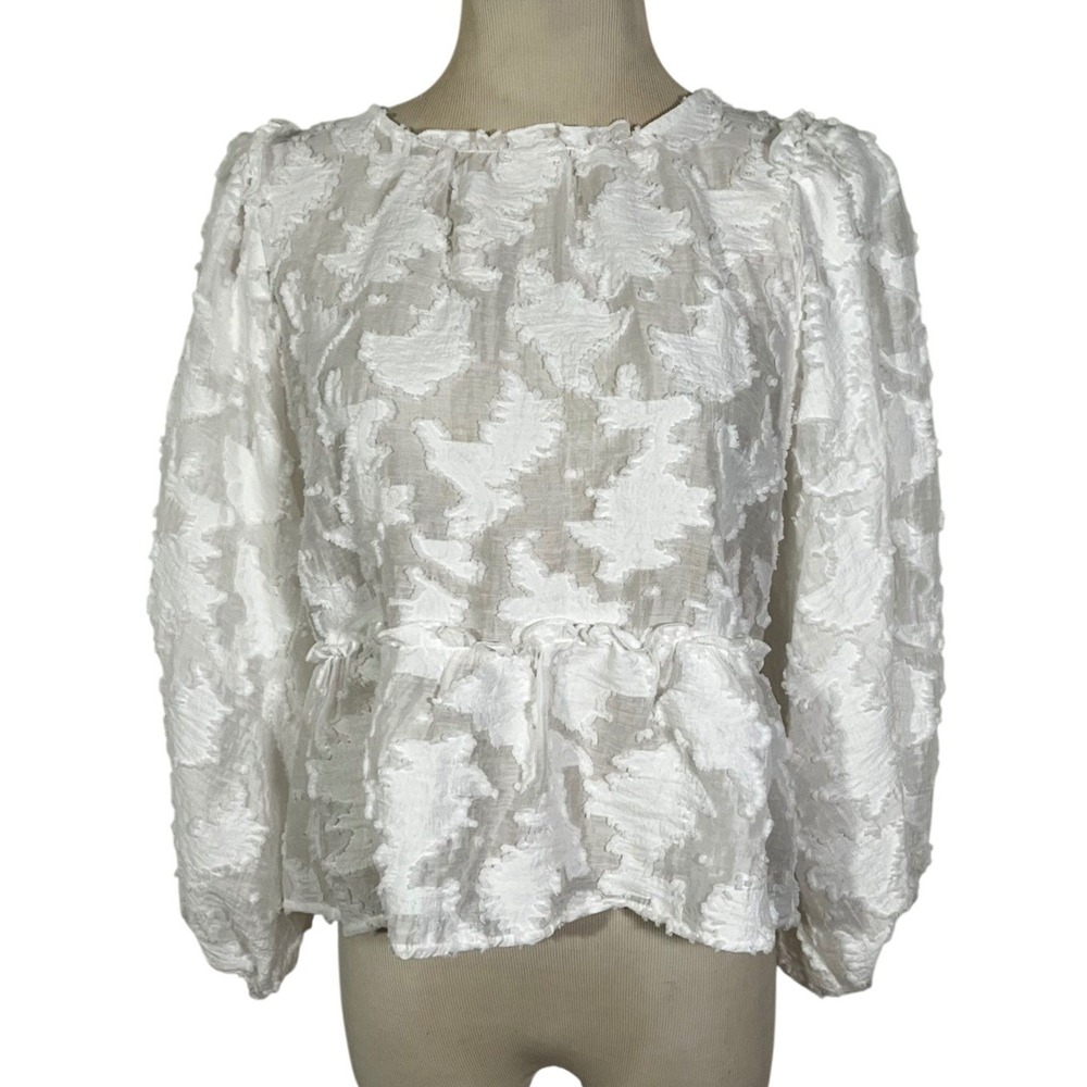Free People Peplum Blouse Womens M White Textured Puff Sleeve Tie Back Open Back